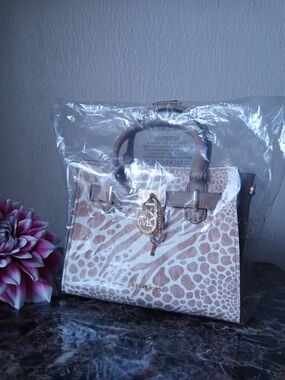 White and Beige Animal-Print Satchel